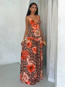 Glamine Vacay Vibes Floral Beach Graphic Print Leopard Floral Pattern Women Long Dress, Stretchy Jersey Fabric, Sexy Elegant Beach Sundress For Summer Holiday--Floral Pattern Random Fall Women Clothes Back To School Halloween