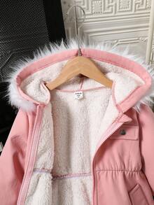 SHEIN Explorewe Young Girl' Pink Composite Jacket, With Detachable Hood & Fur Collar, Casual Everyday Wear Fall Winter - Pink - View 3