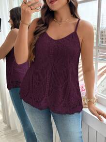 Reflora Plus Size Summer Casual Solid Color Lace Camisole Lace Tank Top - Maroon - View 4