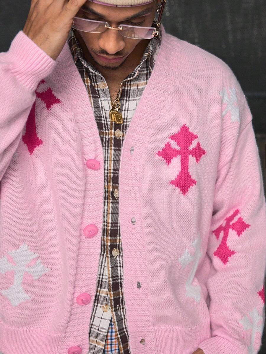 AXEPEAK Áo len nam tay dài cài nút phía trước thời trang thường ngày, áo khoác cardigan màu hồng, cho mùa thu đông - Hồng - Xem 1