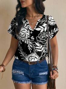 Glamance Leticiabaechtold Women's Vacation Casual Floral Print Notch Collar Blouse Suitable For Going Out - Black and White - View 7