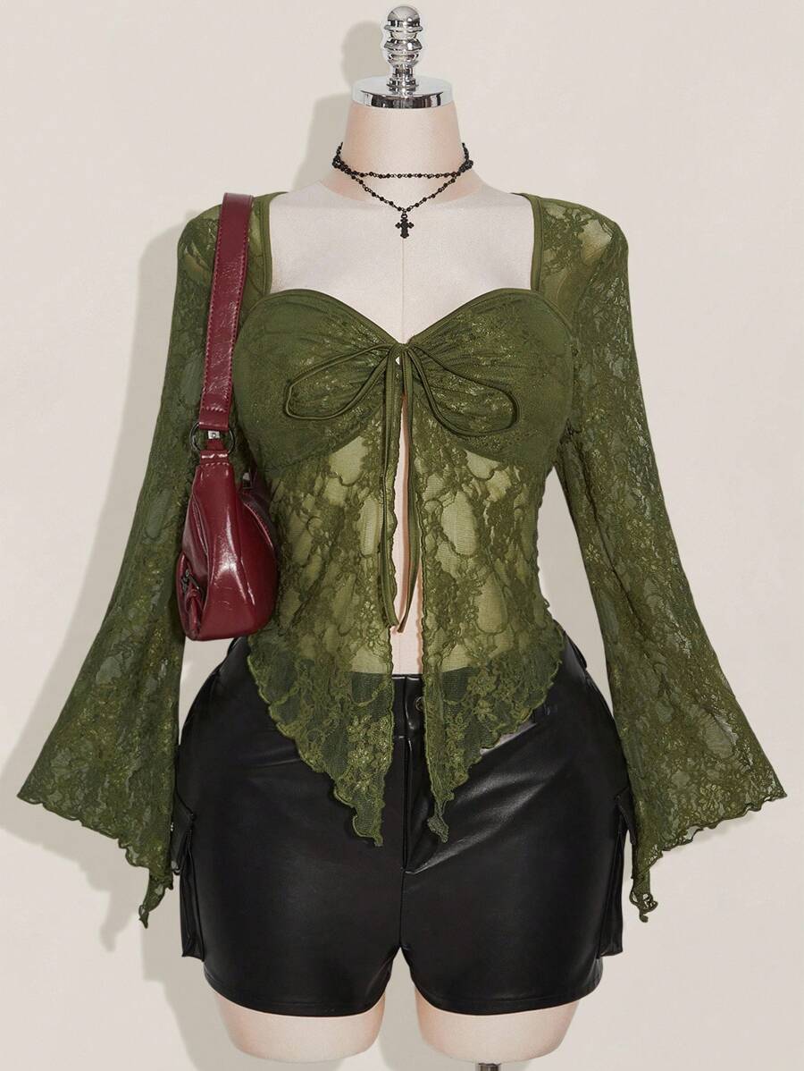 SHEIN ICON 加大码蕾丝喇叭袖前系带性感方领衬衫 - 軍綠色 - 查看 1