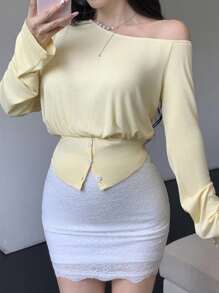 SHEIN LUNE New Casual Slouchy Asymmetrical Shoulder Long Sleeve T-Shirt Fall Cloth For Women - Yellow - View 5