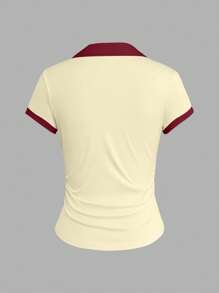 INAWLY 女士时尚 Polo 领侧褶短袖上衣，夏季 - 彩色 - 查看 2