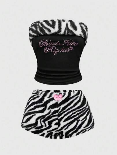 J-Fashion مجموعة قطعتين من الأعلى القصير والشورت المزين بالراين ستون والطباعة الزيبرا بطراز Y2K للسيدات البدينات