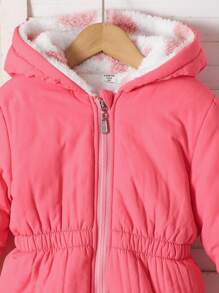 女童休闲时尚加厚双层红色束腰羽绒服，秋冬流行单品，少女冬季外套，保暖冬装，毛绒冬装，粉色少女秋季外套 - 玫紅色 - 查看 5