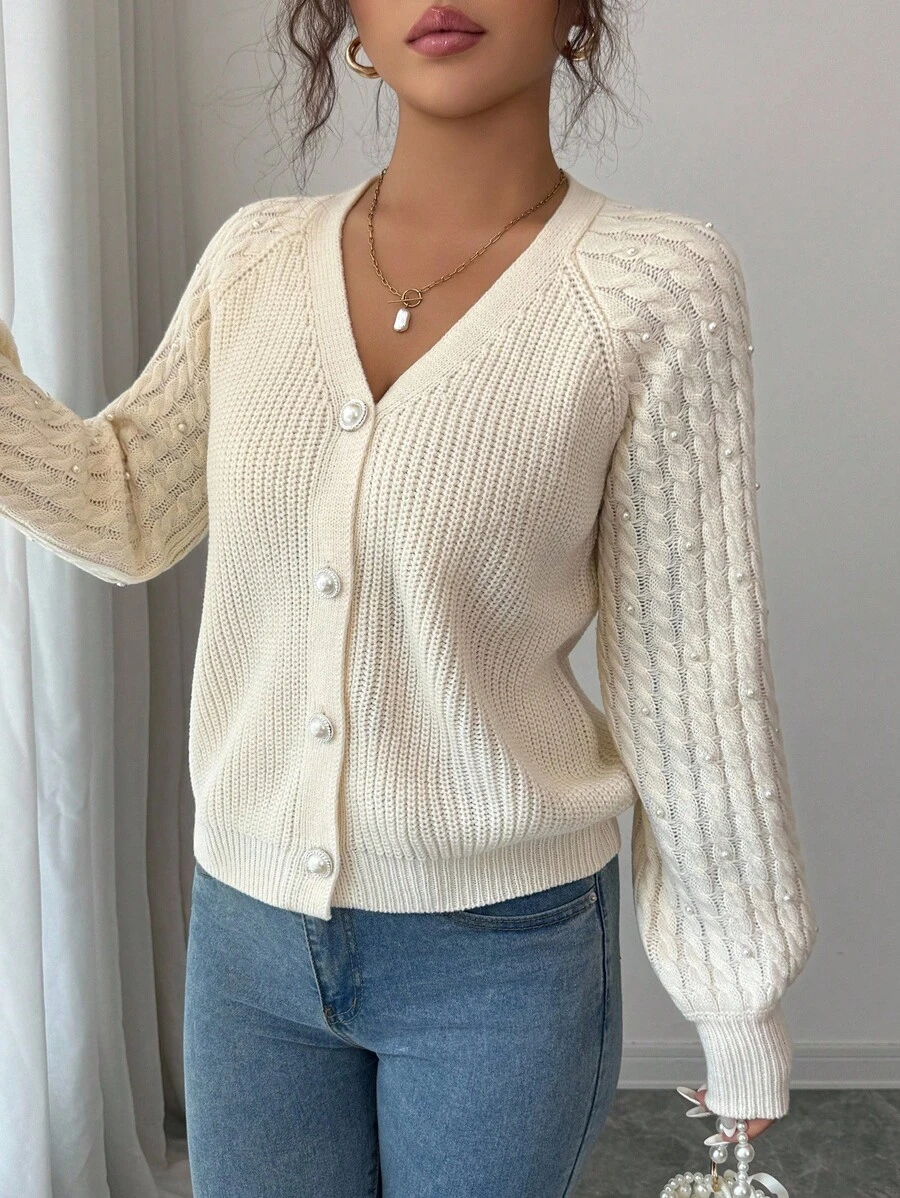 Elenzga Women's Autumn/Winter Cute Beaded Knit Cardigan