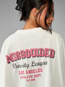 MISSGUIDED Camiseta oversize de estilo universitario, estampado casual de campus, caída de hombros, ropa de calle casual para uso diario en primavera y verano - Blanco - Ver 5