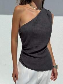 Aloruh 全新简约时尚办公室通勤不对称下摆无袖褶皱腰修身套头衫 - 灰色 - 查看 3