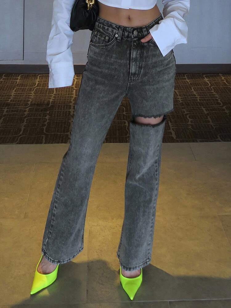 Women's Black Casual Distressed Straight Leg Jeans, Versatile Summer Wear
