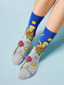 LE PETIT PRINCE X SHEIN 3 đôi tất dài đến bắp chân mềm mại, thoáng khí, thấm hút mồ hôi, thường ngày cho nữ, màu hồng và xanh dương, thời trang và dễ thương, mũi và gót được gia cố để bền bỉ trong mọi mùa, phù hợp với mọi phong cách, mặt trăng và ngôi sao - Nhiều màu - Xem 7