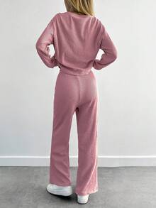 SHEIN Cottnline Cotton Women Solid Color Ribbed Tee & Pants ,Petite Women - Hot Pink - View 2