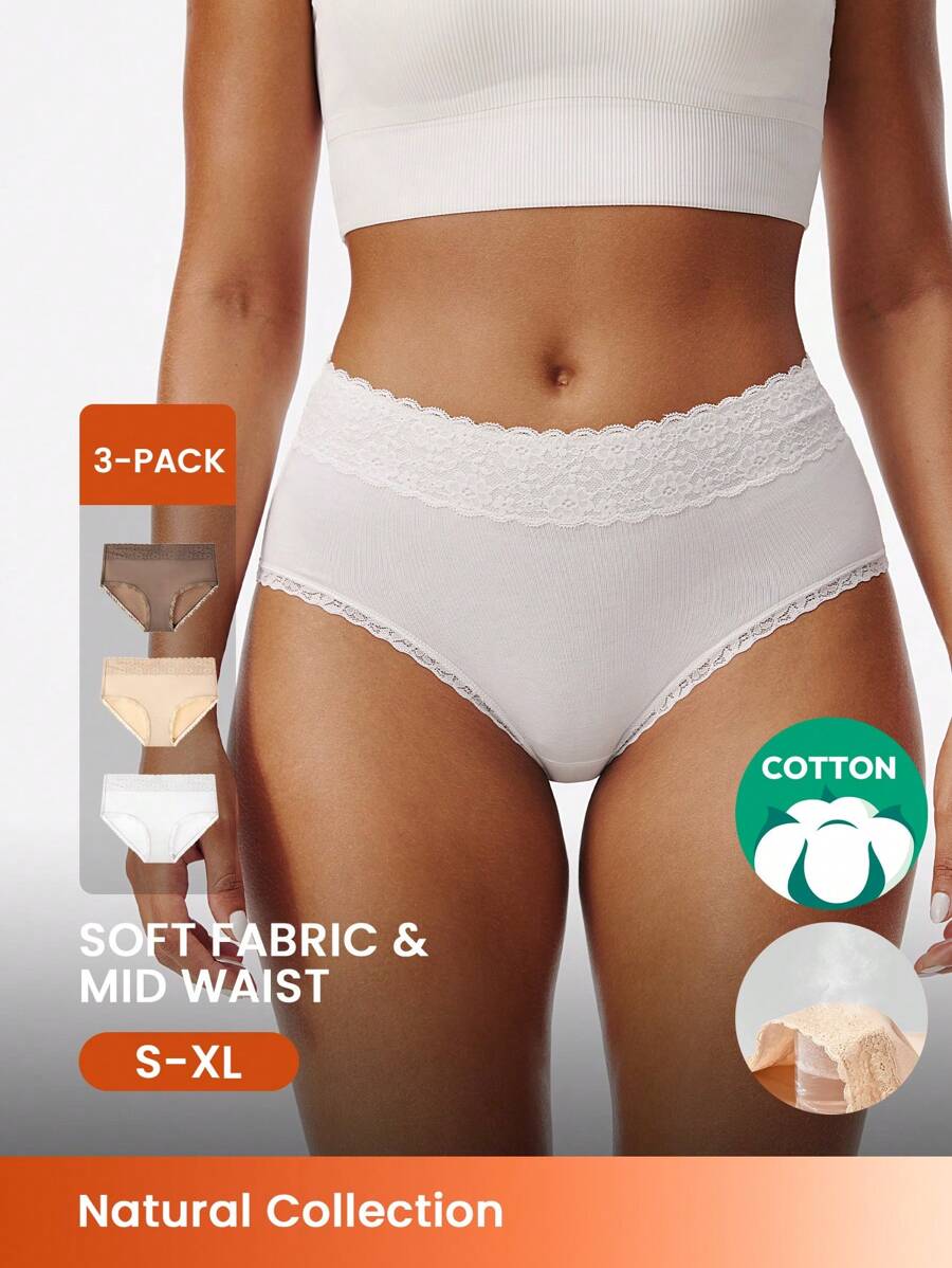 LUVLETTE 3 件装高腰透气基本款棉质内衣女士内裤套装 - 朴实舒适