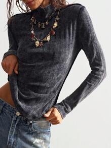 Bohemela 女士纯色针织长袖高领插肩休闲T恤高领上衣长袖上衣女式立领上衣 - 黑色 - 查看 2