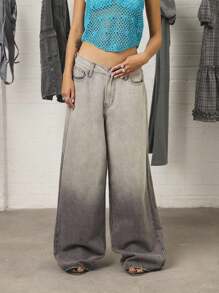 COUREZ Low Rise Light Acid Wash Baggy Jeans /Y2K  Clothes Women Streetwear Wide Leg Pants Baggy Jeans Vintage - Grey - View 7