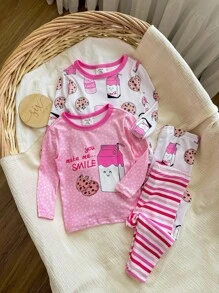 Bộ đồ ngủ dài tay cổ tròn mềm mại và ấm áp họa tiết sữa, bánh quy và sọc cho bé gái - Hồng - Xem 5