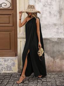 Brillora Vestido de corte de hombro único de unicolor tejido para vacaciones para mujeres - Negro - Ver 5