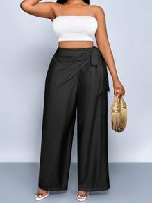 SOLERSUN Plus Size Women's High Waist Faux Linen Blend Pants, Summer Baggy Pants Fall Cloth For Women - Black - View 3