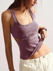 Bohemela 休闲复古美式露背纯色针织方领金属镂空设计修身短款女式背心 - 酒紅色 - 查看 3