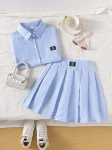 SHEIN Genkimix Kids 女童蓝色条纹长袖时尚秋冬衬衫搭配装饰松紧腰裙套装秋季