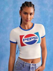 PEPSI X SHEIN 女式撞色字母图案圆领短袖修身短款 T 恤 - 白色 - 查看 1