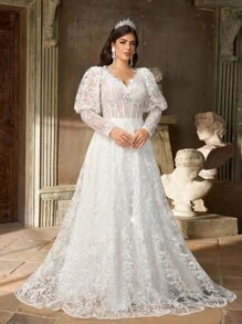 Aureia Plus Size White Spring Elegant Wedding Dress,Gorgeous Sequin Embroidery Mesh Satin V-Neck See-Through Long Sleeves Pleated Oversized Skirt For Dinner - White - View 2