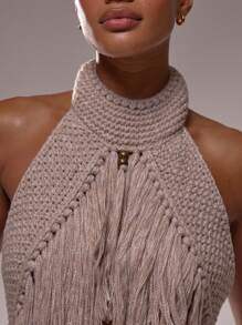 MUSERA Áo len dệt kim tua rua cổ choker, thích hợp cho mùa hè, đi Ibiza, kỳ nghỉ, lễ hội, áo len gợi cảm, áo len mùa xuân, áo len đi nghỉ mát, lễ hội hóa trang. - Màu be - Xem 6