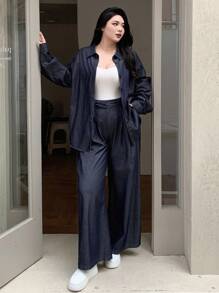 Dazy Plus 2pcs Set: Loose Fit Denim Shirt With Collar & Casual Denim Pants, Suitable For All Seasons, Spring/Autumn,Fall Women Clothes
