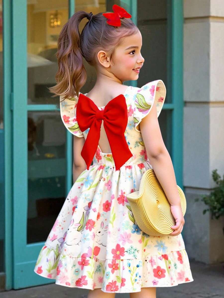 女童优雅印花圆领荷叶袖露背蝴蝶结装饰腰部荷叶边下摆休闲时尚连衣裙，适合度假旅行，夏季女童蝴蝶结连衣裙 - 紅色 - 查看 1