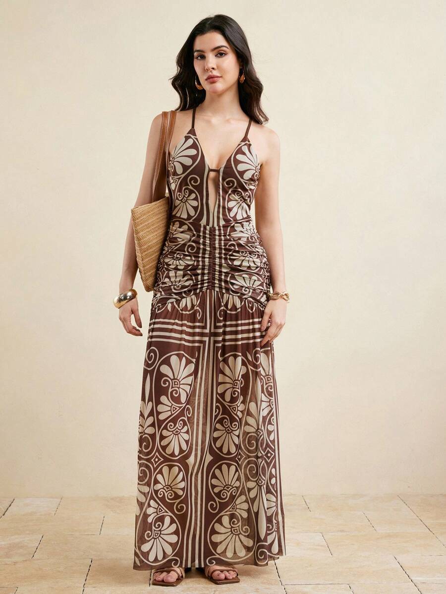 JIAN LASALA 复古印花网纱波西米亚风度假连衣裙，配有可调节肩带，女士长款连衣裙，棕色长款连衣裙，棕色印花长款连衣裙，棕色夏季连衣裙，棕色度假连衣裙，棕色图案长款连衣裙，约会之夜服装，女士婚礼宾客晚礼服，婚礼宾客奢华装扮 - 棕色 - 查看 1