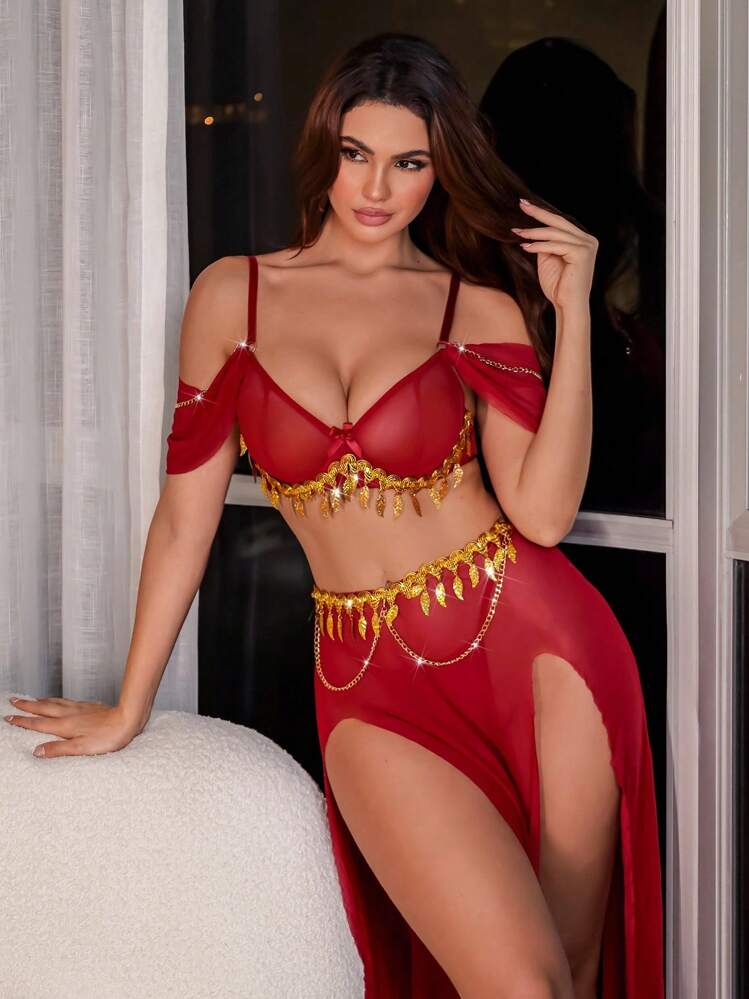 Fantasy Costume 3pcs Sexy Mesh Gold Leaf Tassel Chain Top & Slit Maxi Skirt & Thong Lingerie Set, Going Out - Burgundy - View 5