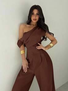 Firerie 女士优雅杏色连体裤，端庄不对称领口垂坠露肩连体裤，阔腿连体裤，舒适无袖连体裤，适合春夏秋冬，沙滩装，机场装，度假装，教师装 - 咖啡棕 - 查看 3
