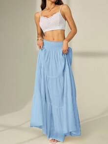 SHEIN Tall 女式纯色褶皱腰荷叶边下摆半身裙 - 淺藍色 - 查看 7