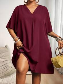 Slaydiva 2025 New Arrival/Easter/Western Style/Elegant Casual Commute/Business Casual Women's Short Sleeve Shirt Dress, Elegant Personalized Design V-Neck Chiffon Blouse Loose Short Sleeve Ruffle Sleeve Dress Plus Size Casual Dress Plus Size Burgundy Dress Plus Size Vacation Dress Plus Size Dress Burgundy Dress - Burgundy - View 1