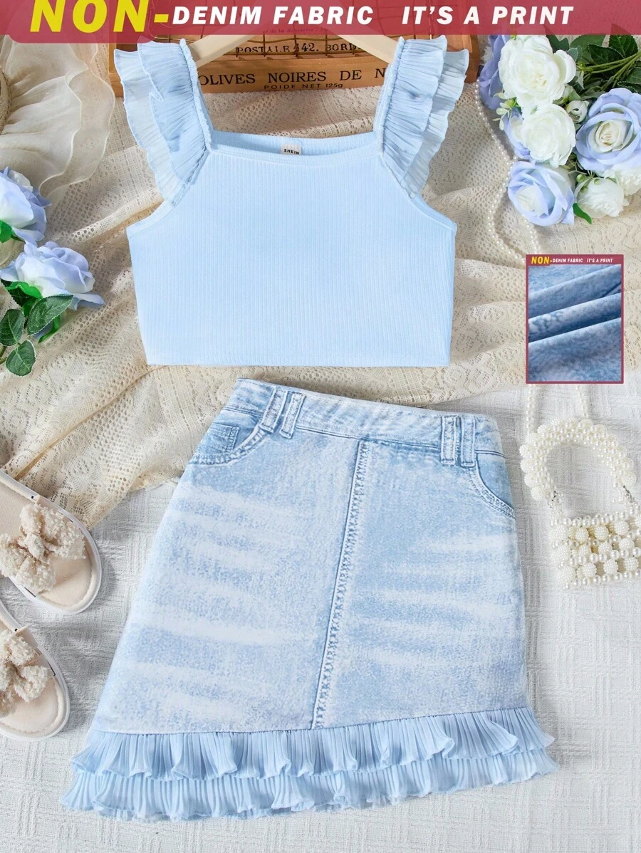 2pcs/Set Tween Girl Ruffle Trim Sleeveless Casual Top And Mini Skirt Set