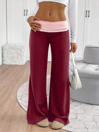 SHEIN Cottnline Women's Casual Contrast Color Waistband Wide Leg Sweatpants