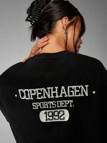 MISSGUIDED Áo thun thể thao Copenhagen cỡ lớn, phong cách cổ điển, thẩm mỹ, thời trang đường phố, in họa tiết trường học, tay ngắn, chất liệu cotton, áo thun thường ngày cơ bản - màu đen - Xem 6