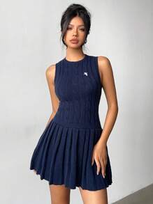 Aloruh Women's Fall Women Clothes Elegant Vintage Coin Embroidered Round Neck Pleated Sleeveless Sweater Mini Dress, Navy Blue - Navy Blue - View 8