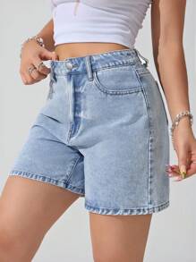 SHEIN ICON Plus Size Casual Washed Denim Shorts - Teal Blue - View 4