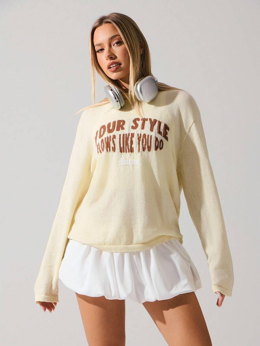 Fluxe Women's Casual Light-Yellow Featherweight Drapey Open-Stitch Knit Cover-Up With See-Through Letter Motif And Long Sleeves In Fall/Winter