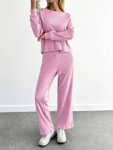 SHEIN Cottnline Cotton Women Solid Color Ribbed Tee & Pants ,Petite Women - Pink - View 4