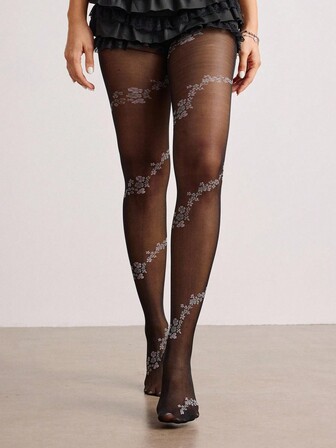 Fairycore 1 paio di collant/calze attillate/leggings sexy da donna con fantasia floreale nera