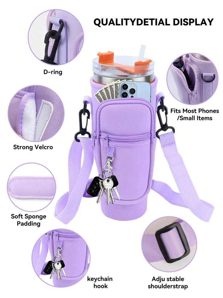 1 件带手机袋的水瓶袋，适用于 40/30 盎司带手柄的玻璃杯，带可调节肩带，钥匙钩，适合徒步旅行露营运动水瓶套隔热袋斜挎包 - 彩色 - 查看 3