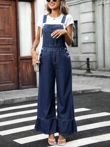 EMERY ROSE 女式休闲牛仔连体裤，带口袋和荷叶边下摆 - 藍色 - 查看 4