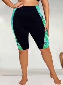 Swim Vcay 大码女式数码印花拼接中长沙滩短裤泳衣，适合海滩派对度假 - 綠色 - 查看 4