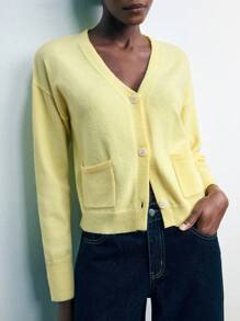 Maija 女士纯色V领宽松贴袋开衫，适合都市社交、度假、派对、秋季办公等场合，百搭舒适，是秋冬季现代都市休闲时尚商务休闲办公服饰的理想之选。 - 彩色 - 查看 7