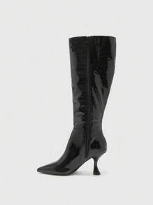 CUCCOO BIZCHIC Sepatu Bot Wanita Kasual Minimalis untuk Sehari-hari, Warna Polos, Hak Tipis, Ujung Lancip, Panjang Setengah Betis - Hitam - View 9
