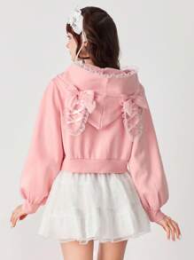 ROMWE EDITION Áo hoodie tai nơ trang trí màu sắc Kawaii ngọt ngào dễ thương cho nữ - Hồng - Xem 2