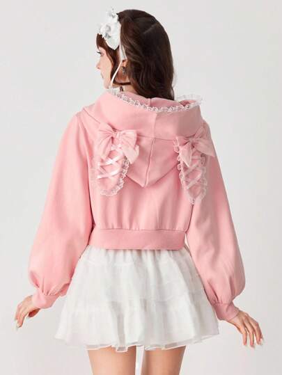 Kawaii Cute Kawaii Sweet Colorblock Bow Decor Ear Hoodie For Women