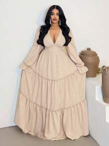 Maweii Plus Size Women's Solid Color Deep V-Neck Long Sleeve Ruffle Hem Fashion Dress Fall Cloth For Women - Khaki - View 1